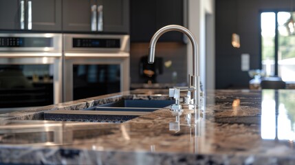 Wall Mural - A kitchen counter with a sink and oven. Perfect for showcasing a modern and functional kitchen space