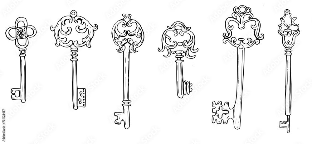 Vintage keys vector. Old antique key set sketch drawing, Hand drawn ...