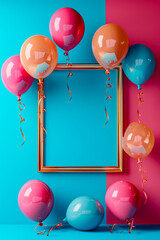 Sticker - Pink orange and blue balloons tied to gold picture frame on wall.