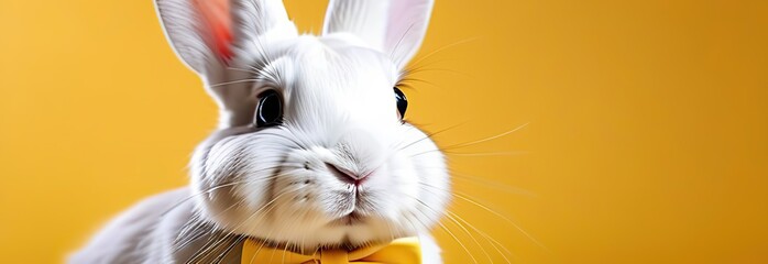 Wall Mural - A white-colored rabbit wearing a yellow bow tie, stands alone with ample room for an Easter-themed, studio setting on a yellow background long sho