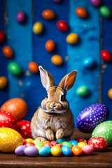 Poster - Rabbit sits surrounded by colored eggs.