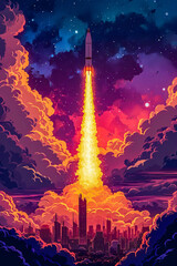 Sticker - Image of rocket launching into space with bright yellow and red sky.