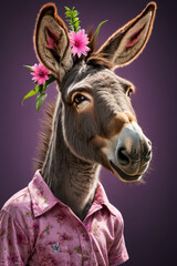 Poster - Painting of donkey with flower in its hair and wearing pink shirt.