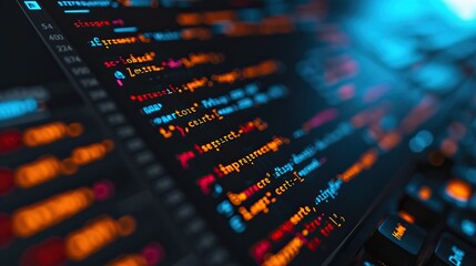 Wall Mural - close-up of a coding session in progress with sharp focus on the code against a keyboard and bokeh l