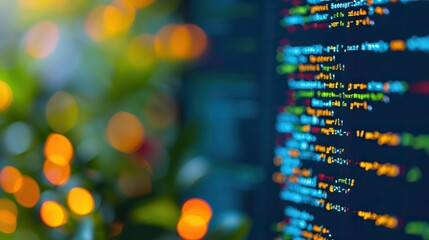 Wall Mural - focused lines of colorful programming code on a monitor with a festive bokeh background creating an 