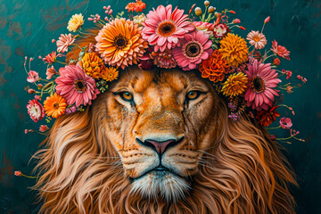 Wall Mural - Lion with flower crown on its head.