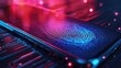 © Sodapeaw - A smartphone displaying a fingerprint pattern for secure unlocking, placed on a futuristic red and blue circuit background.