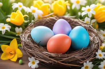 Colorful Easter eggs in a nest on a background of spring flowers