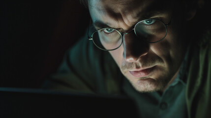 Man looks intently at a laptop screen in the dark