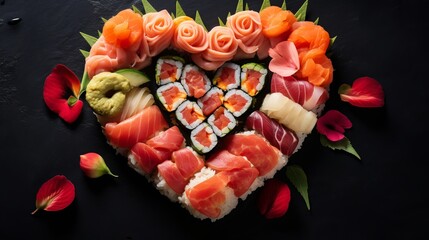 Wall Mural - Heart made of fresh sushi rolls with roses, Valentine's Day food, traditional Japanese cuisine, banner for advertising or bar invitation, menu, space for text, top view, selective focus