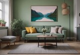 Fototapeta Londyn - The living room has soft green walls, a comfy green sofa, and modern Scandinavian furniture