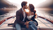 Beautiful young couple in love is kissing on a boat at sunset, love romance concept