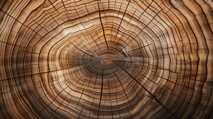 Old wooden oak tree cut surface. Detailed warm dark brown and orange tones of a felled tree trunk or stump. Rough organic texture of tree rings with close up of end grain