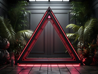Wall Mural - Red neon triangle in a dark room with tropical plants, simple futuristic decorative lighting concept