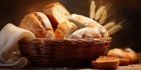 Wall Mural - Fresh baked bakery bread and buns wheat products on kitchen wooden rustic table background scene