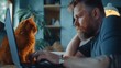 A male programmer sits at a laptop, deeply immersed in work, and an orange cat sits on the table next to him. This image is ideal for illustrating a remote work, programming, or home office theme.