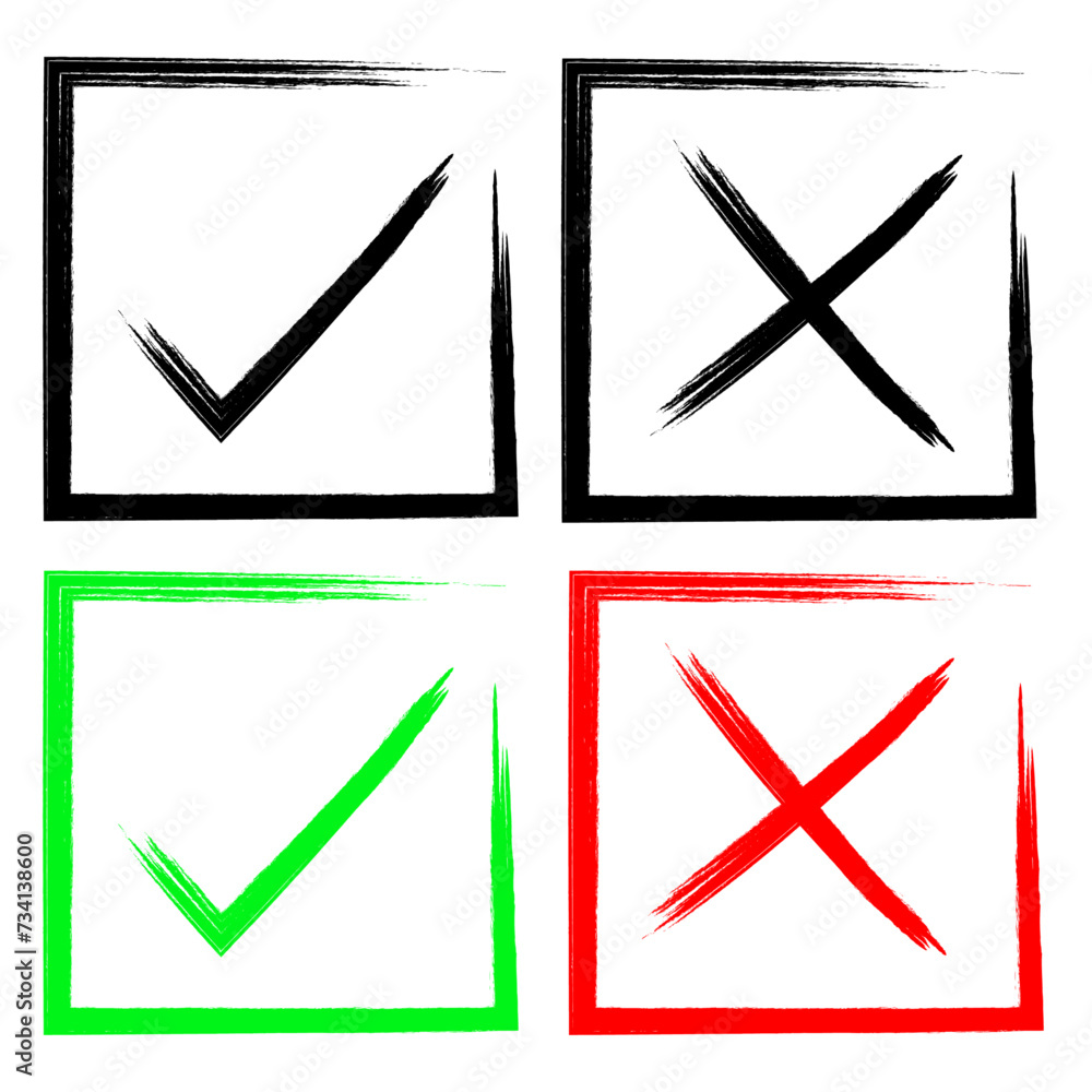 Web Right Box Tick and cross brush signs. Green checkmark OK and red X icons ...