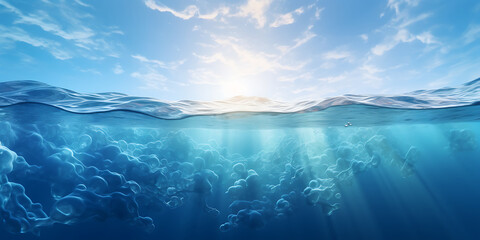 Blue sea water surface with sunbeams, 3d render illustration