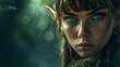A close-up portrait showcases an elf lady model with a ponytail hairstyle, bangs framing her oval face.