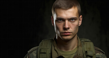 Portrait of a young soldier on a dark background. The soldier looks at the camera.