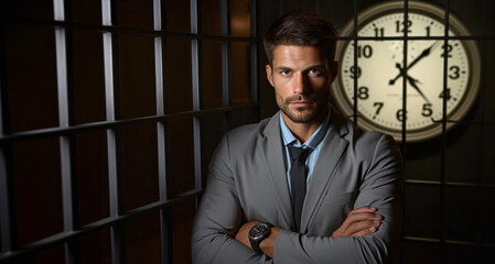 Sticker - Portrait of a handsome businessman in a room with a clock.