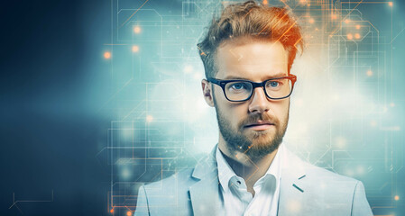 Wall Mural - Portrait of young handsome businessman in glasses and white suit on abstract digital background