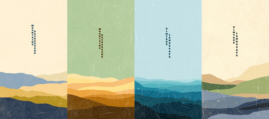 Wall Mural - vector illustration. japanese linear wave pattern overlay. mountain landscape background. asian styl