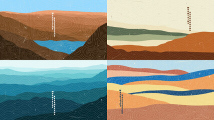 Wall Mural - Vector illustration. Horizontal landscape. Japanese wave pattern. Mountain background. Asian style. Design for web banner, website template. Old paper with scratches. Vintage retro design