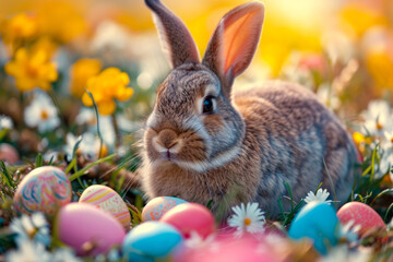 Sticker - Easter Bunny sitting in field of flowers and surrounded by colorful eggs.