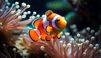 Sticker - Vibrant clown fish swimming in colorful coral reef underwater generated by AI