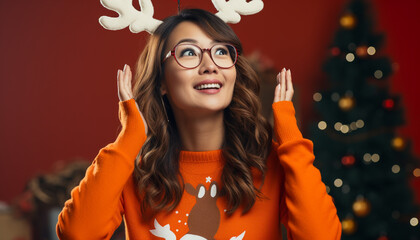 Sticker - A young woman smiling, celebrating Christmas with joy and happiness generated by AI