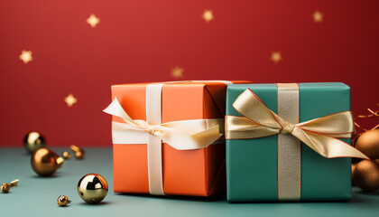 Wall Mural - A shiny gold gift box wrapped in vibrant Christmas paper generated by AI