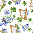Harp and spring flowers watercolor seamless pattern isolated on white. Painted green clover with crocus and string musical instrument. Irish symbol hand drawn. Design for St. Patricks day, paper