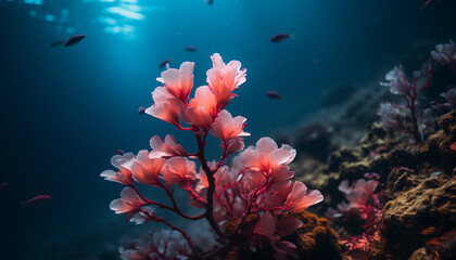 Poster - Underwater beauty fish swim in vibrant, multi colored coral reef generated by AI