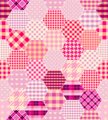Fototapete - Plaid pink patchwork. Hexagons pattern. Quilting design patchwork plaid pattern pink colours. Vector pattern.