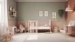 © OlyaOk - Cozy children's room interior. Scandi-Boho style neutral unisex children room interior background. Mock up frame. Baby crib in pastel colored nursery. Wooden chair and table. Generative Ai