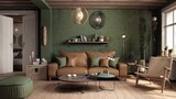 Fototapeta  - Living room interior designed in an eclectic way combining Scandinavian, Japandi and boho styles. Natural materials like wood and woven fabrics create a cohesive whole with warm colors. 3D render