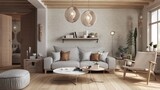 Fototapeta  - Living room interior designed in an eclectic way combining Scandinavian, Japandi and boho styles. Natural materials like wood and woven fabrics create a cohesive whole with warm colors. 3D render