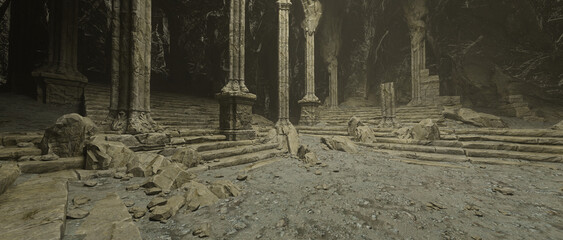 Aufkleber - Ancient fantasy medieval temple ruin built into a rocky mountain cave. Panoramic 3D render.