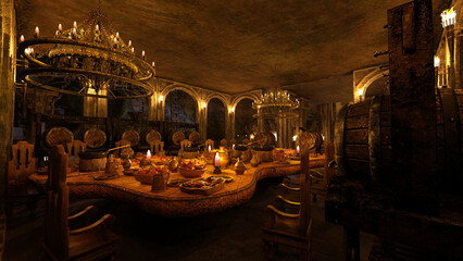 Poster - Medieval fantasy dining room in a mountain cave dwarf home with food and drink on the table surrounded by wooden barrels of wine and ale. 3D illustration.