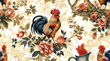 Seamless Pattern With Cute Roosters, Chickens, Hens And Plants On White Background. Endless Repeatable Backdrop With Domestic Birds