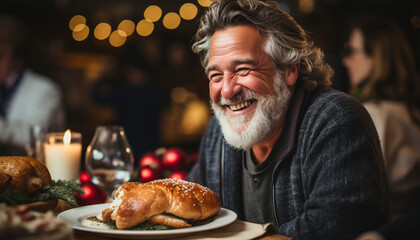 Canvas Print - Smiling men celebrate happiness, food, and tradition indoors generated by AI