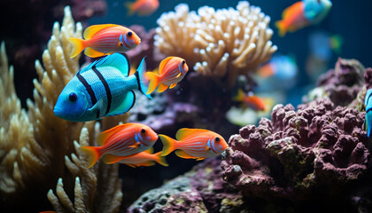 Canvas Print - Colorful clown fish swimming in a tropical reef underwater generated by AI