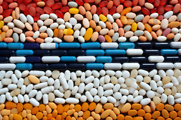 Wall Mural - Background with pills and capsules in neon blue and purple colors. Medical drug or dietary supplement concept.