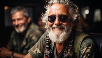 Canvas Print - Two senior men sitting outdoors, smiling, looking at camera generated by AI