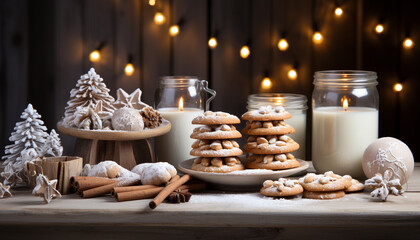 Wall Mural - Homemade chocolate cookies on rustic wood table, winter celebration generated by AI