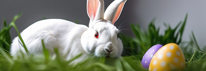 Young white rabbit in grass with easter eggs. space for text. banner. grey background 