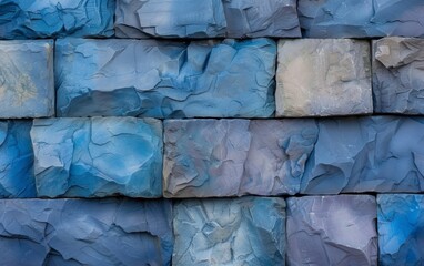 Wall Mural - Close-up view of a wall made of irregularly shaped stones in various shades of blue.