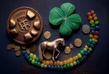 Lucky To Have You, Lucky Charms, Charms, Good Luck, Heart, Star, Horseshoe, Horse, Shoe, Clover, Hat, Blue, Moon, Pot Of Gold, Rainbow, Red Balloon, Saint Patty's Day, Saint Patrick's. Generative AI