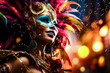 Femme maquillée pour le carnaval, avec coiffe en plumes colorées
